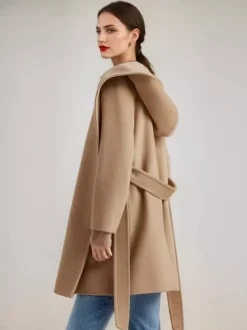 Wool Cashmere Blend Coat With Hood Camel Belted Double-Faced Short Wrap Coat For Women 2026