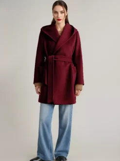 Wool Cashmere Blend Coat With Hood Camel Belted Double-Faced Short Wrap Coat For Women 2026