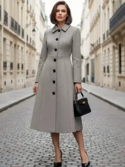 Woolen A-Line Midi Coat With Shirt Collar For Women 2026