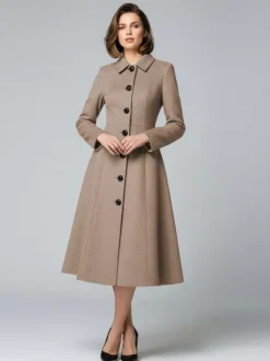 Woolen A-Line Midi Coat With Shirt Collar For Women 2026