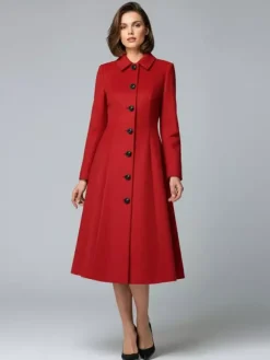 Woolen A-Line Midi Coat With Shirt Collar For Women 2026