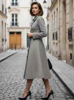 Woolen A-Line Midi Coat With Shirt Collar For Women 2026