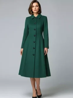 Woolen A-Line Midi Coat With Shirt Collar For Women 2026