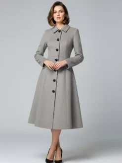 Woolen A-Line Midi Coat With Shirt Collar For Women 2026