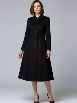 Woolen A-Line Midi Coat With Shirt Collar For Women 2026