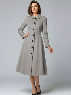 Woolen A-Line Midi Coat With Shirt Collar For Women 2026