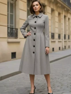 Woolen A-Line Midi Coat With Shirt Collar For Women 2026
