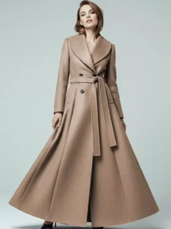 Woolen Belted Maxi Coat With Shawl Collar And Double-breasted For Women 2026