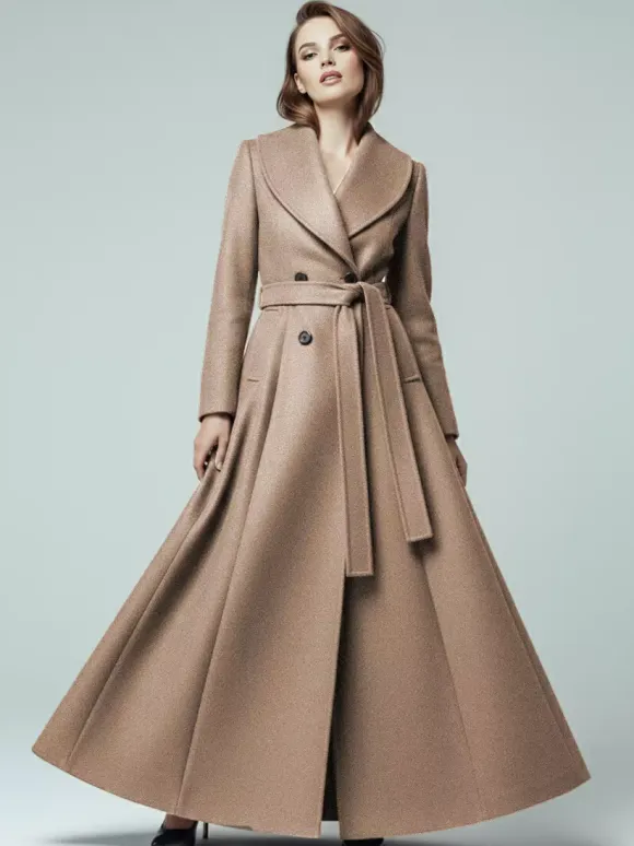 Woolen Belted Maxi Coat With Shawl Collar And Double-breasted For Women 2026