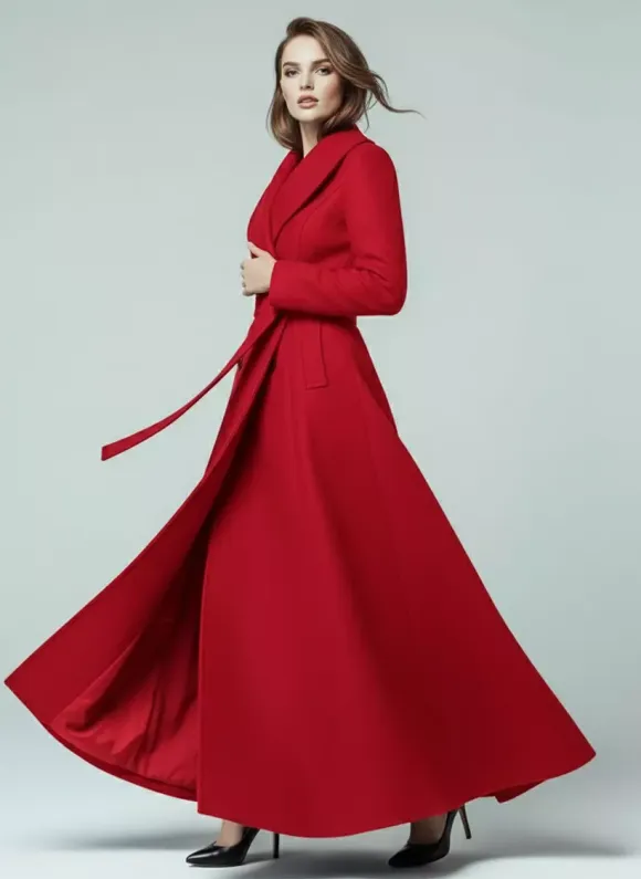 Woolen Belted Maxi Coat With Shawl Collar And Double-breasted For Women 2026