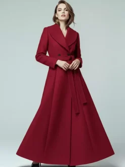Woolen Belted Maxi Coat With Shawl Collar And Double-breasted For Women 2026