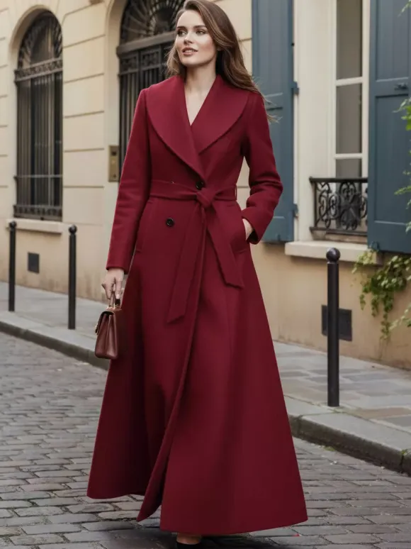Woolen Belted Maxi Coat With Shawl Collar And Double-breasted For Women 2026