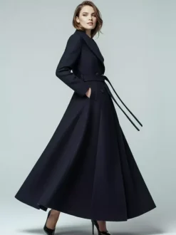Woolen Belted Maxi Coat With Shawl Collar And Double-breasted For Women 2026