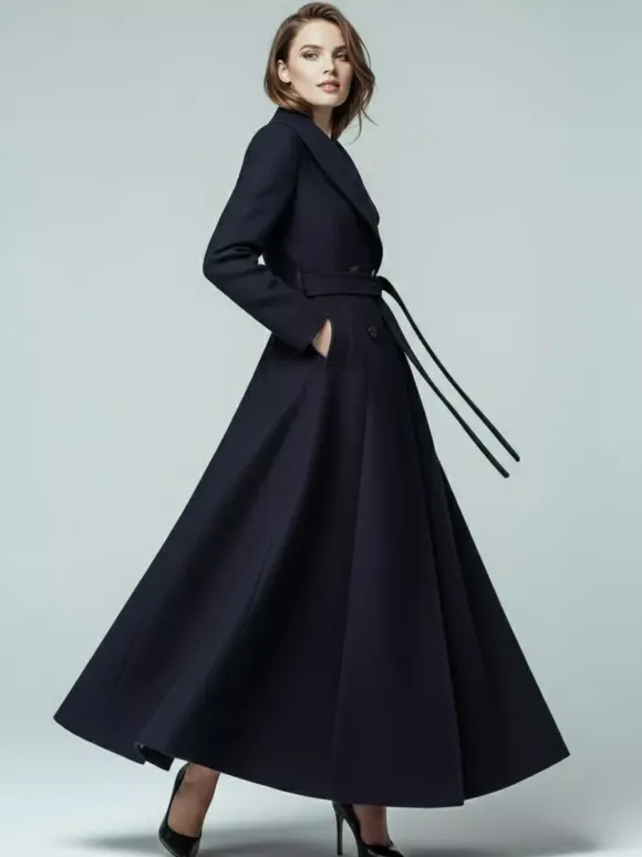 Woolen Belted Maxi Coat With Shawl Collar And Double-breasted For Women 2026