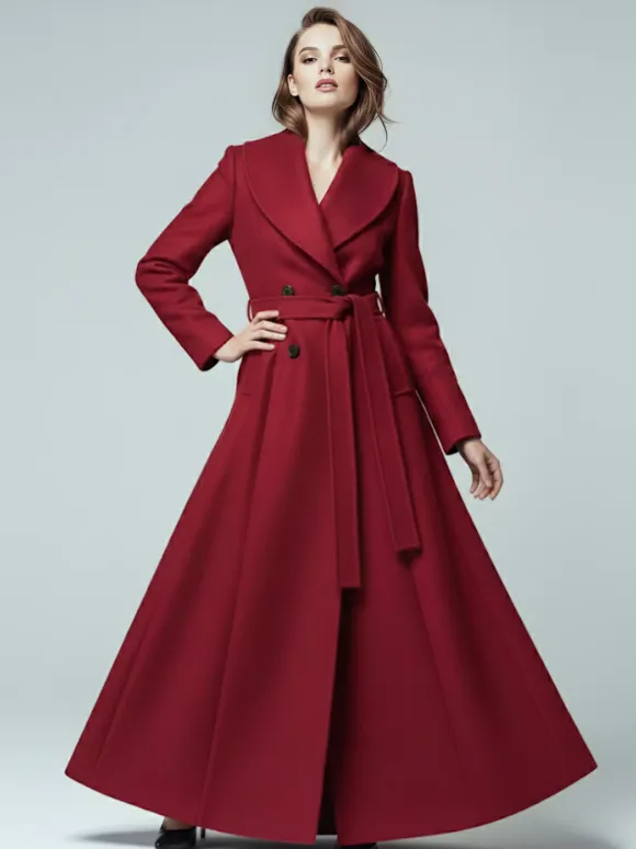 Woolen Belted Maxi Coat With Shawl Collar And Double-breasted For Women 2026