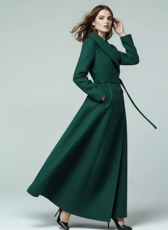 Woolen Belted Maxi Coat With Shawl Collar And Double-breasted For Women 2026