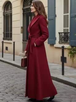 Woolen Belted Maxi Coat With Shawl Collar And Double-breasted For Women 2026