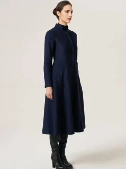 Woolen Flared Coat For Woman Stand Collar A-line Elegant Dark Navy Winter Midi Outerwear 2026