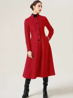 Woolen Flared Coat For Woman Stand Collar A-line Elegant Dark Navy Winter Midi Outerwear 2026