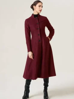 Woolen Flared Coat For Woman Stand Collar A-line Elegant Dark Navy Winter Midi Outerwear 2026