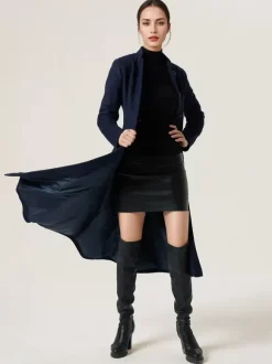 Woolen Flared Coat For Woman Stand Collar A-line Elegant Dark Navy Winter Midi Outerwear 2026