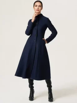 Woolen Flared Coat For Woman Stand Collar A-line Elegant Dark Navy Winter Midi Outerwear 2026