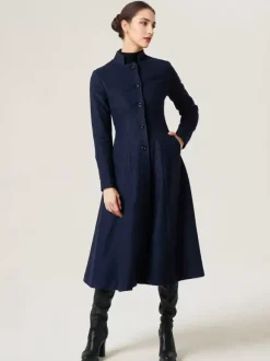 Woolen Flared Coat For Woman Stand Collar A-line Elegant Dark Navy Winter Midi Outerwear 2026
