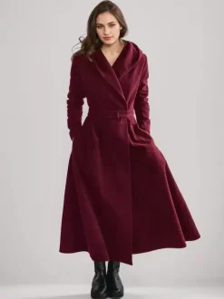 Woolen Flared Coat With Hood Vintage Belted A-line Winter Long Outerwear For Women 2026