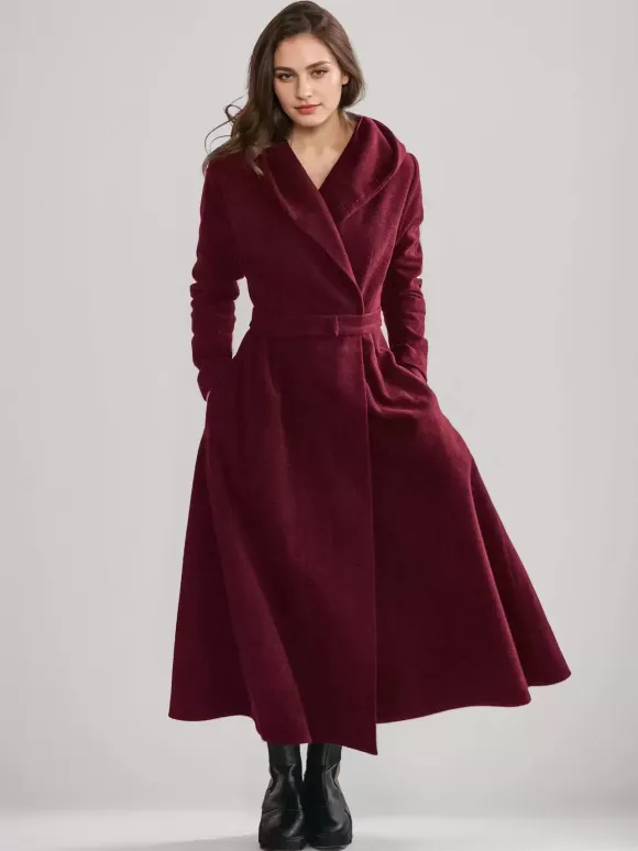 Woolen Flared Coat With Hood Vintage Belted A-line Winter Long Outerwear For Women 2026