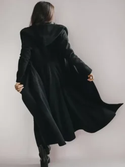 Woolen Flared Coat With Hood Vintage Belted A-line Winter Long Outerwear For Women 2026