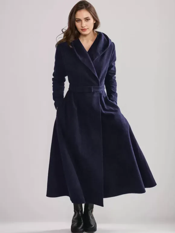 Woolen Flared Coat With Hood Vintage Belted A-line Winter Long Outerwear For Women 2026