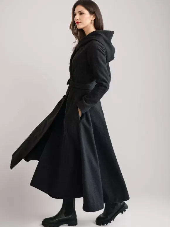 Woolen Flared Coat With Hood Vintage Belted A-line Winter Long Outerwear For Women 2026