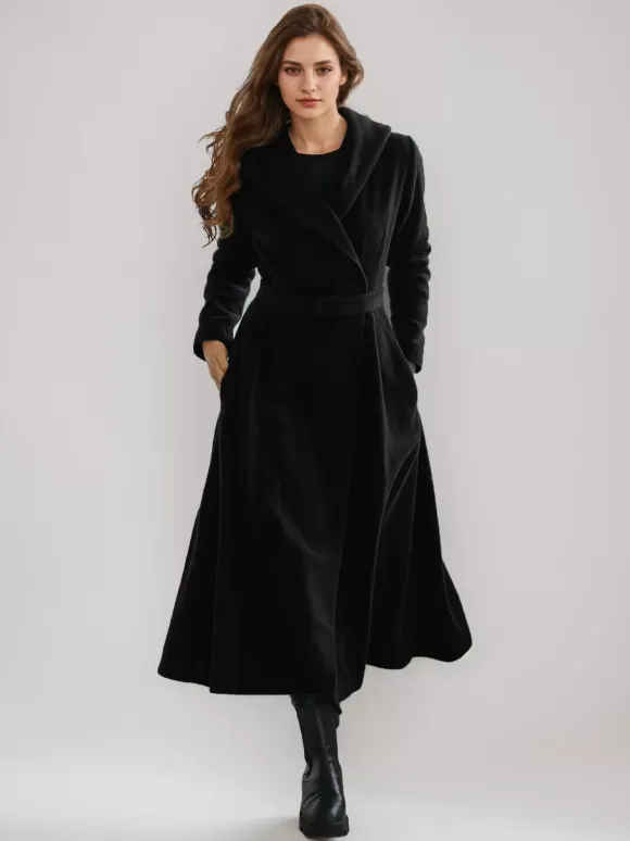 Woolen Flared Coat With Hood Vintage Belted A-line Winter Long Outerwear For Women 2026