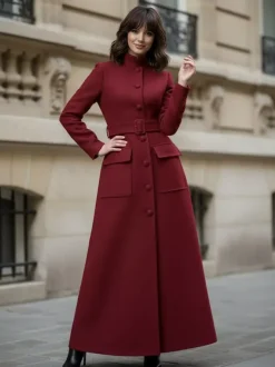 Woolen Full-Length Maxi Coat With Stand Collar And Flap Pockets For Women 2026