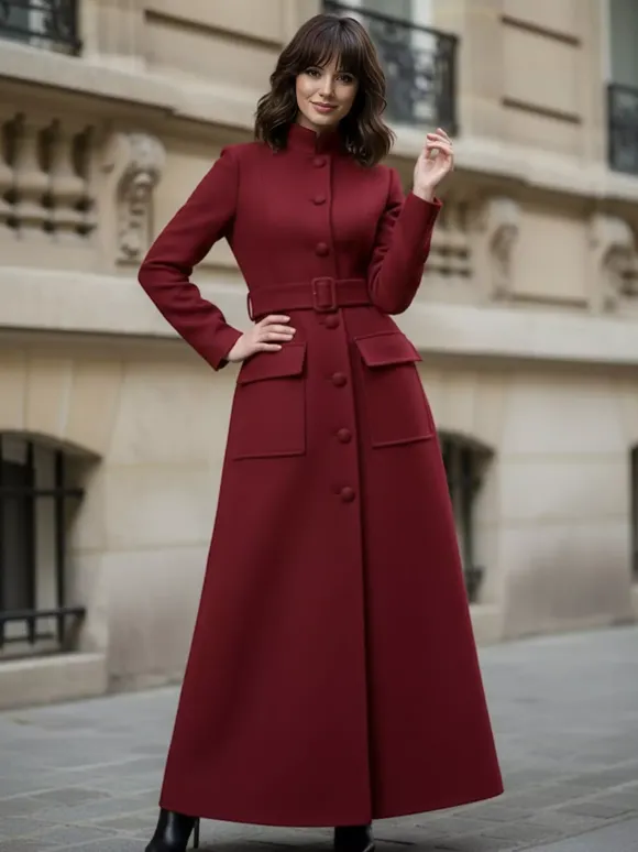 Woolen Full-Length Maxi Coat With Stand Collar And Flap Pockets For Women 2026