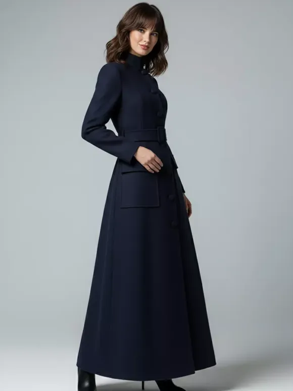 Woolen Full-Length Maxi Coat With Stand Collar And Flap Pockets For Women 2026