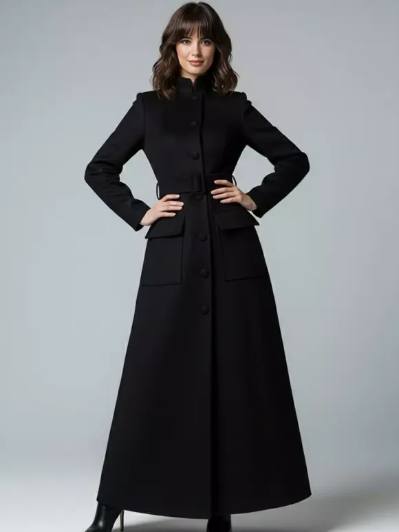 Woolen Full-Length Maxi Coat With Stand Collar And Flap Pockets For Women 2026