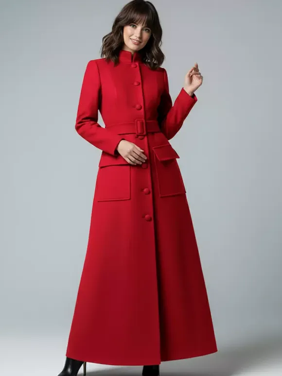 Woolen Full-Length Maxi Coat With Stand Collar And Flap Pockets For Women 2026