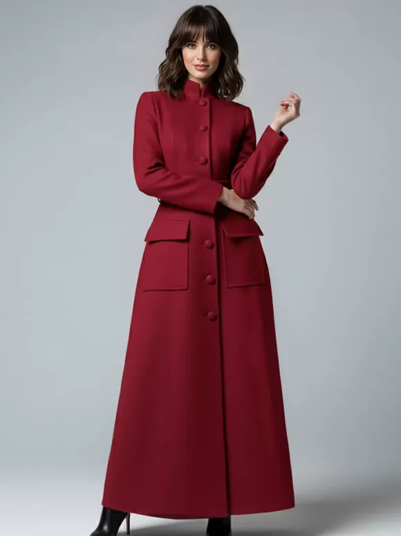 Woolen Full-Length Maxi Coat With Stand Collar And Flap Pockets For Women 2026