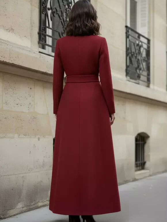 Woolen Full-Length Maxi Coat With Stand Collar And Flap Pockets For Women 2026
