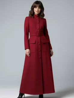 Woolen Full-Length Maxi Coat With Stand Collar And Flap Pockets For Women 2026
