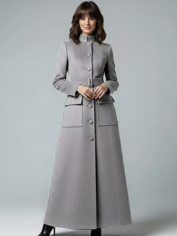 Woolen Full-Length Maxi Coat With Stand Collar And Flap Pockets For Women 2026