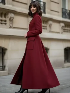 Woolen Full-Length Maxi Coat With Stand Collar And Flap Pockets For Women 2026