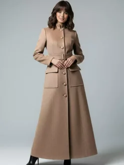 Woolen Full-Length Maxi Coat With Stand Collar And Flap Pockets For Women 2026