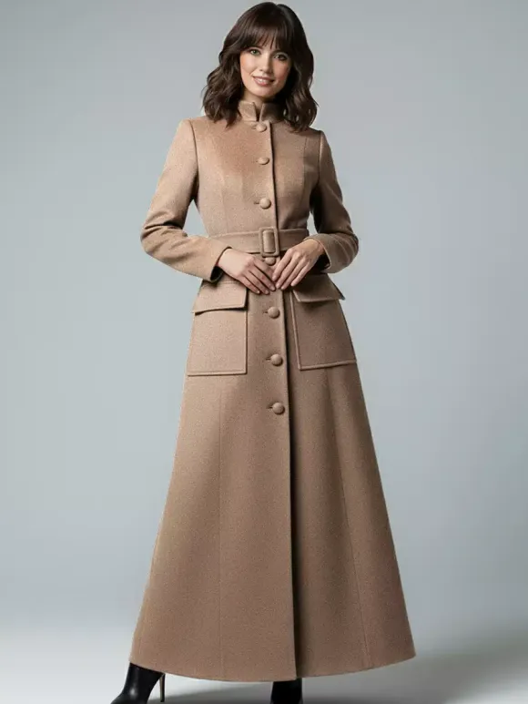 Woolen Full-Length Maxi Coat With Stand Collar And Flap Pockets For Women 2026