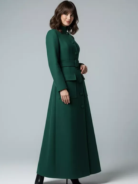 Woolen Full-Length Maxi Coat With Stand Collar And Flap Pockets For Women 2026