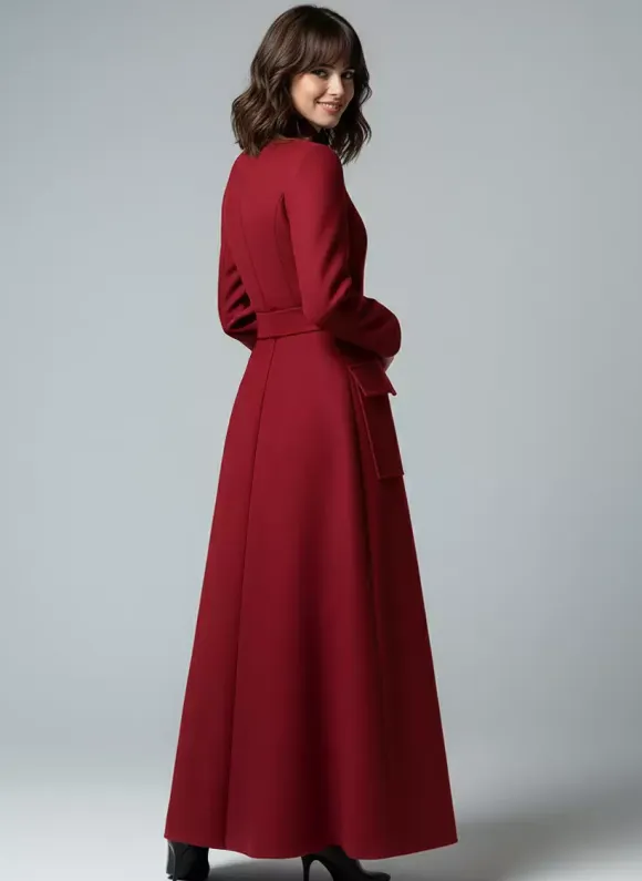Woolen Full-Length Maxi Coat With Stand Collar And Flap Pockets For Women 2026
