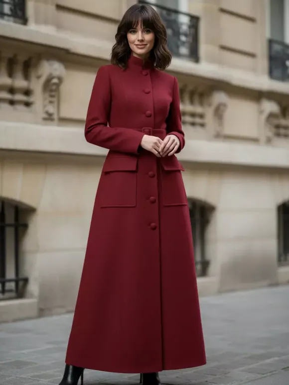 Woolen Full-Length Maxi Coat With Stand Collar And Flap Pockets For Women 2026