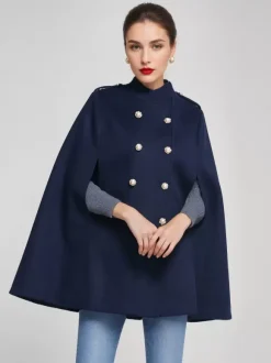 Woolen Cape Coat For Women Stand Collar Dark Navy Double-breasted Winter Poncho Outerwear 2026