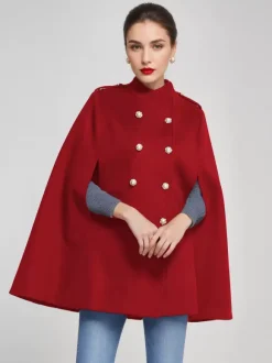 Woolen Cape Coat For Women Stand Collar Dark Navy Double-breasted Winter Poncho Outerwear 2026